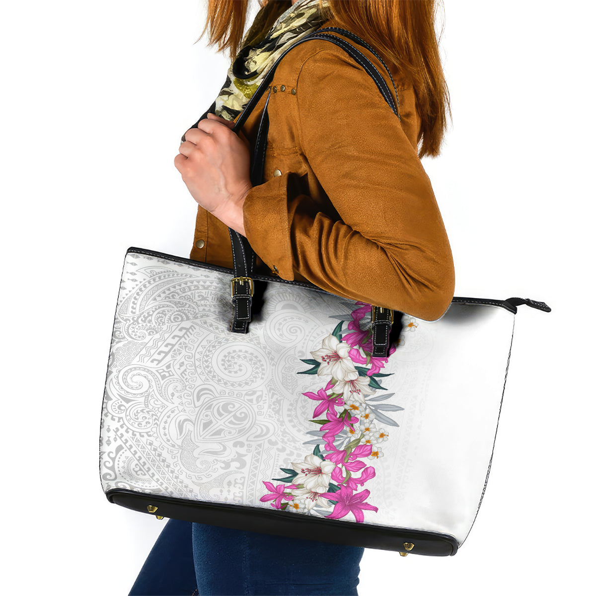 Hawaii Tropical Leaves and Flowers Leather Tote Bag Tribal Polynesian Pattern White Style