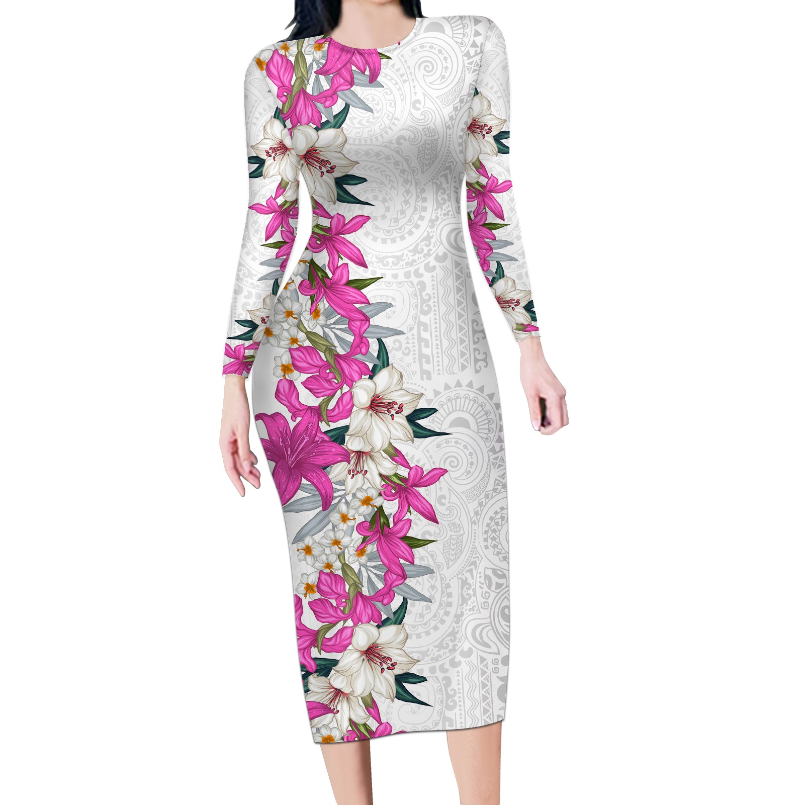 Hawaii Tropical Leaves and Flowers Long Sleeve Bodycon Dress Tribal Polynesian Pattern White Style