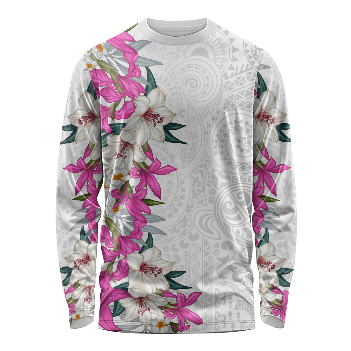 Hawaii Tropical Leaves and Flowers Long Sleeve Shirt Tribal Polynesian Pattern White Style