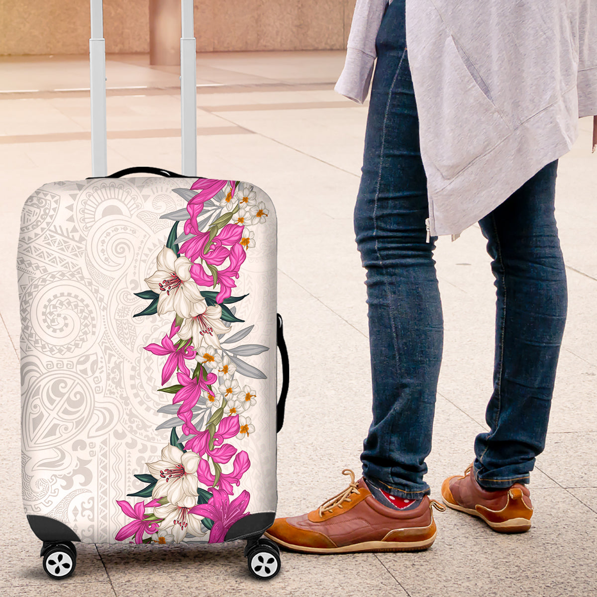 Hawaii Tropical Leaves and Flowers Luggage Cover Tribal Polynesian Pattern White Style