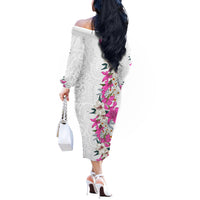 Hawaii Tropical Leaves and Flowers Off The Shoulder Long Sleeve Dress Tribal Polynesian Pattern White Style