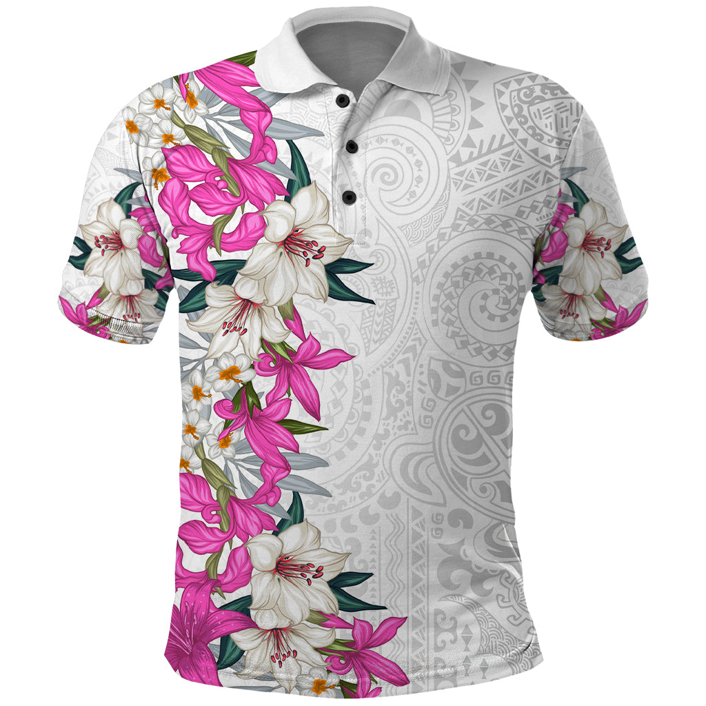 Hawaii Tropical Leaves and Flowers Polo Shirt Tribal Polynesian Pattern White Style