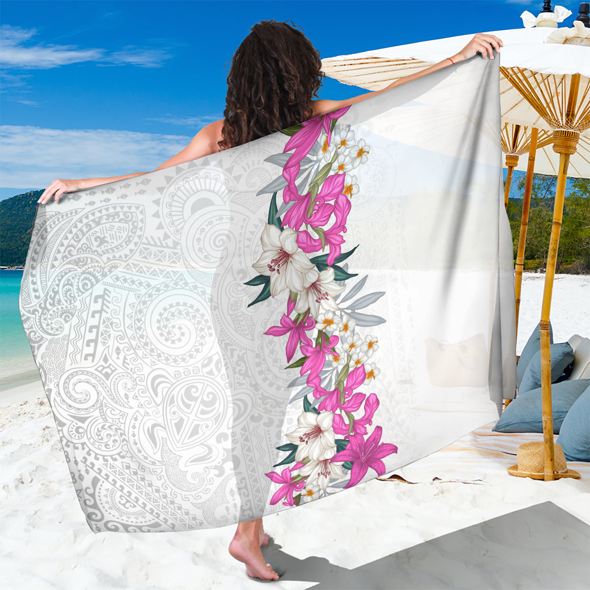 Hawaii Tropical Leaves and Flowers Sarong Tribal Polynesian Pattern White Style