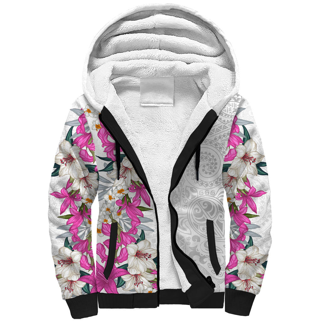 Hawaii Tropical Leaves and Flowers Sherpa Hoodie Tribal Polynesian Pattern White Style