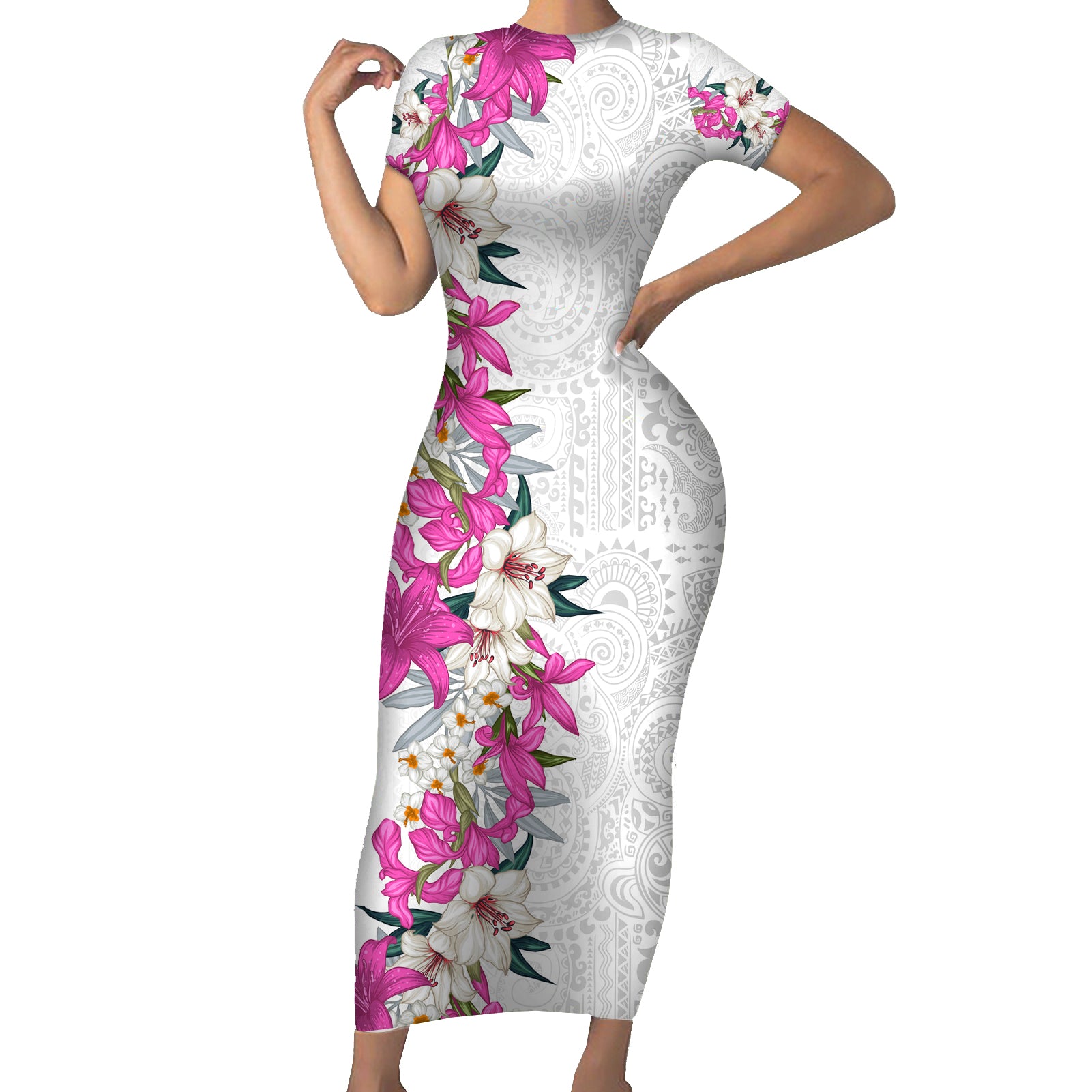 Hawaii Tropical Leaves and Flowers Short Sleeve Bodycon Dress Tribal Polynesian Pattern White Style