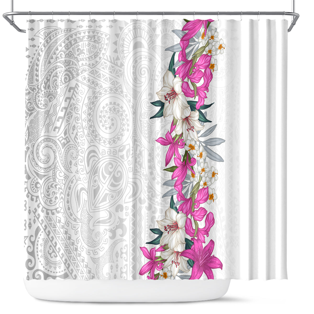 Hawaii Tropical Leaves and Flowers Shower Curtain Tribal Polynesian Pattern White Style