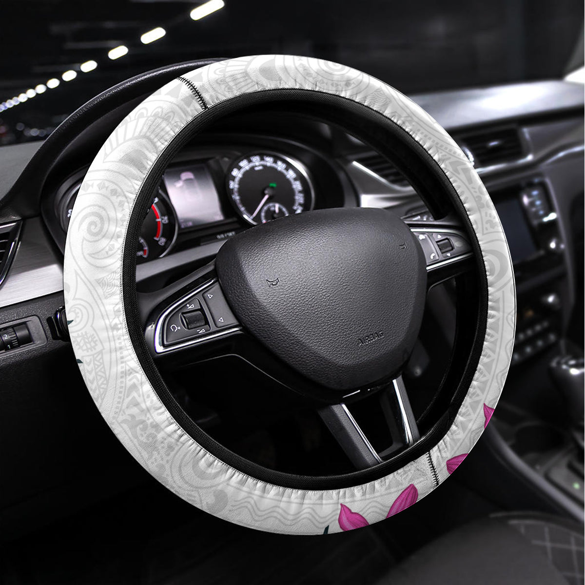 Hawaii Tropical Leaves and Flowers Steering Wheel Cover Tribal Polynesian Pattern White Style