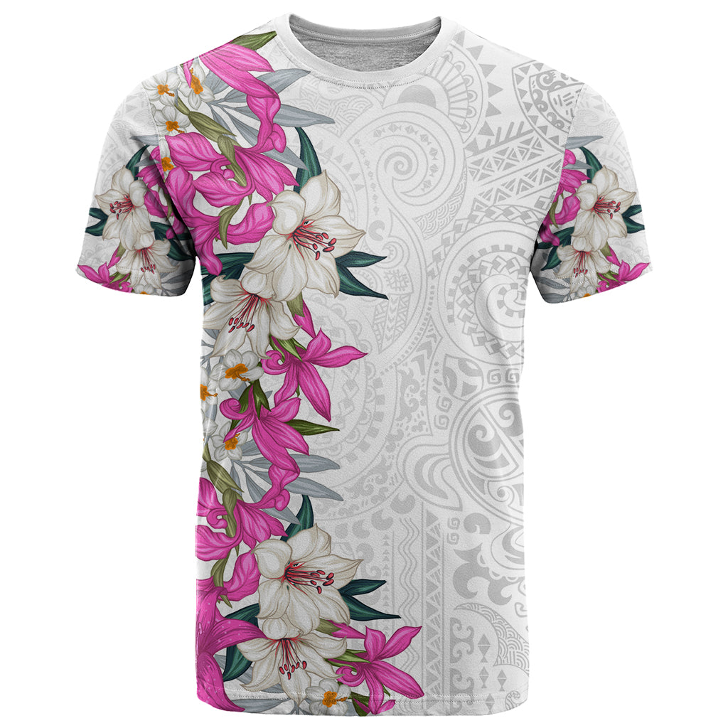 Hawaii Tropical Leaves and Flowers T Shirt Tribal Polynesian Pattern White Style