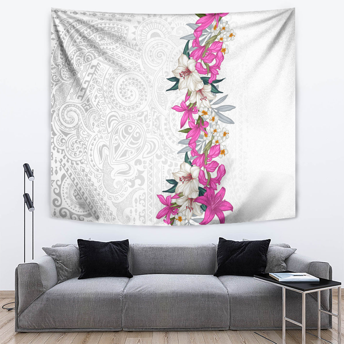 Hawaii Tropical Leaves and Flowers Tapestry Tribal Polynesian Pattern White Style