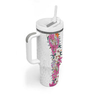 Hawaii Tropical Leaves and Flowers Tumbler With Handle Tribal Polynesian Pattern White Style