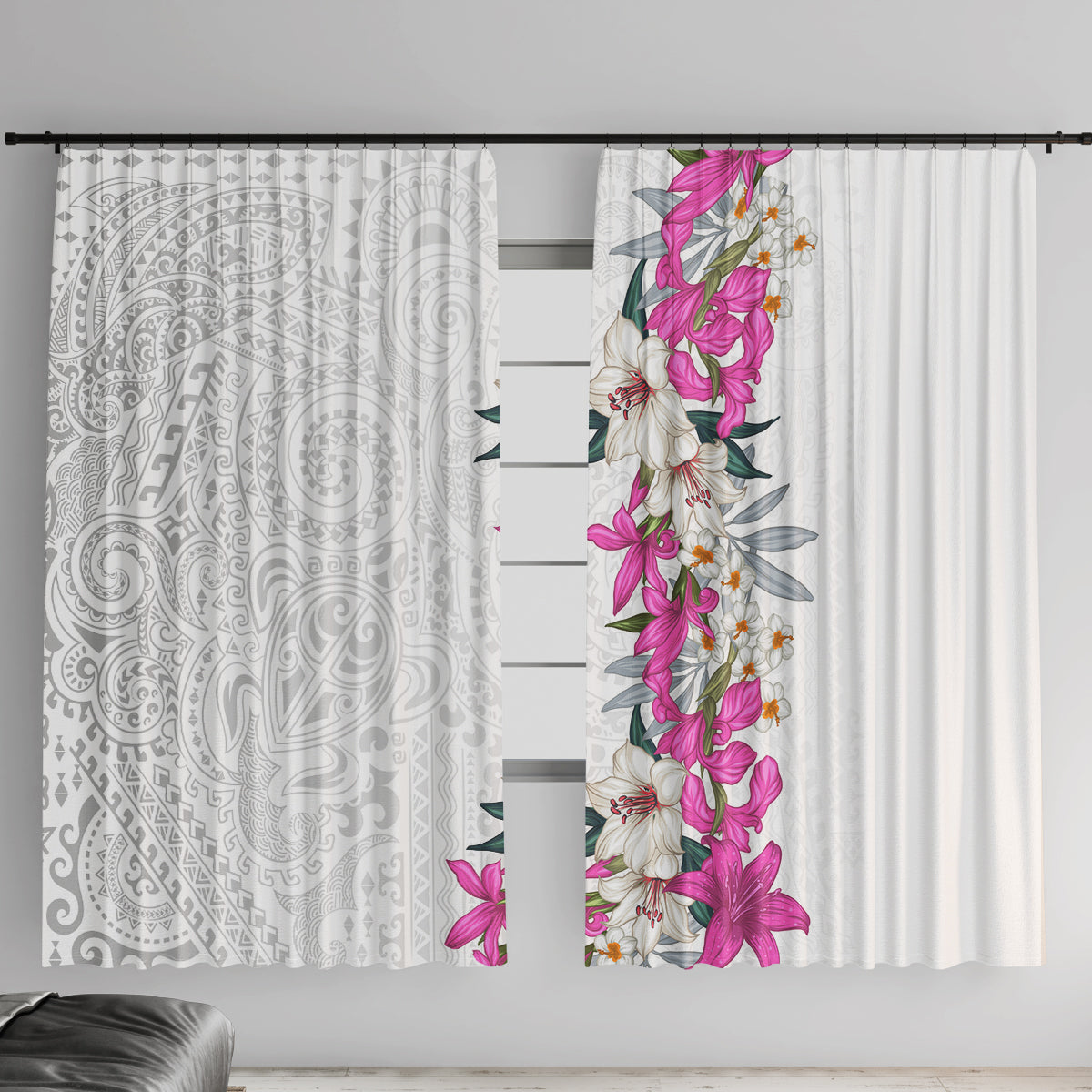 Hawaii Tropical Leaves and Flowers Window Curtain Tribal Polynesian Pattern White Style