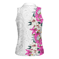 Hawaii Tropical Leaves and Flowers Women Sleeveless Polo Shirt Tribal Polynesian Pattern White Style