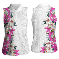 Hawaii Tropical Leaves and Flowers Women Sleeveless Polo Shirt Tribal Polynesian Pattern White Style