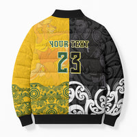 Aotearoa New Zealand And Australia Basketball Custom Bomber Puffer Jacket Maori Tribal Tattoo And Aboriginal Dot Art Heritage