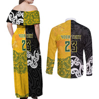 Aotearoa New Zealand And Australia Basketball Custom Couples Matching Off Shoulder Maxi Dress and Long Sleeve Button Shirt Maori Tribal Tattoo And Aboriginal Dot Art Heritage