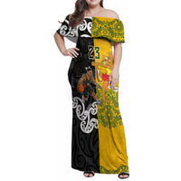 Aotearoa New Zealand And Australia Basketball Custom Family Matching Off Shoulder Maxi Dress and Hawaiian Shirt Maori Tribal Tattoo And Aboriginal Dot Art Heritage