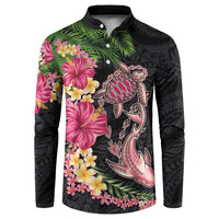 Hawaiian Tropical Plants Turtle and Shark Button Sweatshirt Polynesian Art Tattoo