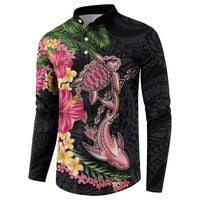Hawaiian Tropical Plants Turtle and Shark Button Sweatshirt Polynesian Art Tattoo