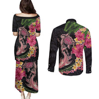 Hawaiian Tropical Plants Turtle and Shark Couples Matching Puletasi and Long Sleeve Button Shirt Polynesian Art Tattoo