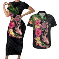 Hawaiian Tropical Plants Turtle and Shark Couples Matching Short Sleeve Bodycon Dress and Hawaiian Shirt Polynesian Art Tattoo