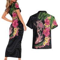 Hawaiian Tropical Plants Turtle and Shark Couples Matching Short Sleeve Bodycon Dress and Hawaiian Shirt Polynesian Art Tattoo