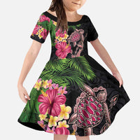 Hawaiian Tropical Plants Turtle and Shark Family Matching Long Sleeve Bodycon Dress and Hawaiian Shirt Polynesian Art Tattoo LT03 Daughter's Dress Black - Polynesian Pride