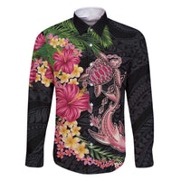 Hawaiian Tropical Plants Turtle and Shark Family Matching Short Sleeve Bodycon Dress and Hawaiian Shirt Polynesian Art Tattoo LT03 Dad's Shirt - Long Sleeve Black - Polynesian Pride