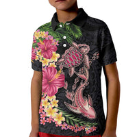 Hawaiian Tropical Plants Turtle and Shark Kid Polo Shirt Polynesian Art Tattoo