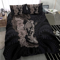 Hawaiian Tropical Plants Turtle and Shark Bedding Set Polynesian Art Tattoo Grayscale Color