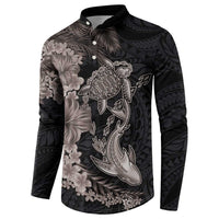 Hawaiian Tropical Plants Turtle and Shark Button Sweatshirt Polynesian Art Tattoo Grayscale Color