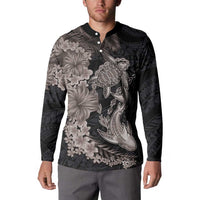 Hawaiian Tropical Plants Turtle and Shark Button Sweatshirt Polynesian Art Tattoo Grayscale Color