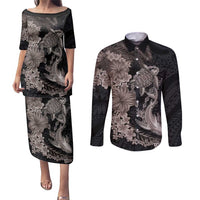 Hawaiian Tropical Plants Turtle and Shark Couples Matching Puletasi and Long Sleeve Button Shirt Polynesian Art Tattoo Grayscale Color