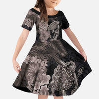 Hawaiian Tropical Plants Turtle and Shark Family Matching Long Sleeve Bodycon Dress and Hawaiian Shirt Polynesian Art Tattoo Grayscale Color LT03 Daughter's Dress Black - Polynesian Pride