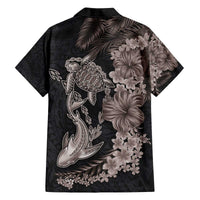 Hawaiian Tropical Plants Turtle and Shark Family Matching Off The Shoulder Long Sleeve Dress and Hawaiian Shirt Polynesian Art Tattoo Grayscale Color