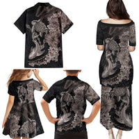 Hawaiian Tropical Plants Turtle and Shark Family Matching Puletasi and Hawaiian Shirt Polynesian Art Tattoo Grayscale Color