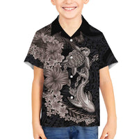 Hawaiian Tropical Plants Turtle and Shark Family Matching Puletasi and Hawaiian Shirt Polynesian Art Tattoo Grayscale Color