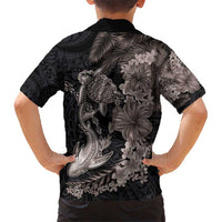Hawaiian Tropical Plants Turtle and Shark Kid Hawaiian Shirt Polynesian Art Tattoo Grayscale Color