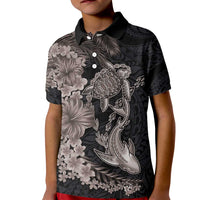 Hawaiian Tropical Plants Turtle and Shark Kid Polo Shirt Polynesian Art Tattoo Grayscale Color
