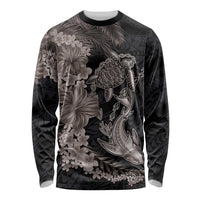Hawaiian Tropical Plants Turtle and Shark Long Sleeve Shirt Polynesian Art Tattoo Grayscale Color
