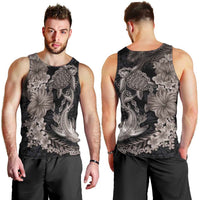 Hawaiian Tropical Plants Turtle and Shark Men Tank Top Polynesian Art Tattoo Grayscale Color