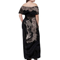 Hawaiian Tropical Plants Turtle and Shark Off Shoulder Maxi Dress Polynesian Art Tattoo Grayscale Color