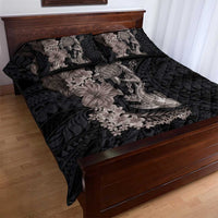 Hawaiian Tropical Plants Turtle and Shark Quilt Bed Set Polynesian Art Tattoo Grayscale Color