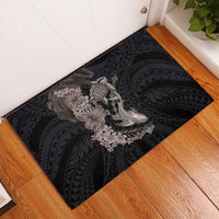 Hawaiian Tropical Plants Turtle and Shark Rubber Doormat Polynesian Art Tattoo Grayscale Color