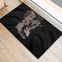 Hawaiian Tropical Plants Turtle and Shark Rubber Doormat Polynesian Art Tattoo Grayscale Color