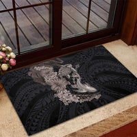 Hawaiian Tropical Plants Turtle and Shark Rubber Doormat Polynesian Art Tattoo Grayscale Color