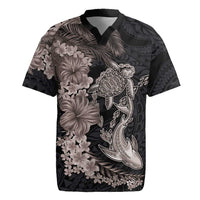 Hawaiian Tropical Plants Turtle and Shark Rugby Jersey Polynesian Art Tattoo Grayscale Color