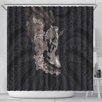 Hawaiian Tropical Plants Turtle and Shark Shower Curtain Polynesian Art Tattoo Grayscale Color