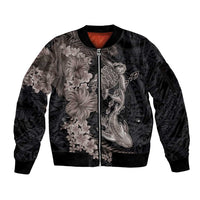 Hawaiian Tropical Plants Turtle and Shark Sleeve Zip Bomber Jacket Polynesian Art Tattoo Grayscale Color LT03 Unisex Black - Polynesian Pride
