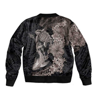 Hawaiian Tropical Plants Turtle and Shark Sleeve Zip Bomber Jacket Polynesian Art Tattoo Grayscale Color LT03 - Polynesian Pride