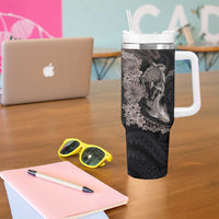 Hawaiian Tropical Plants Turtle and Shark Tumbler With Handle Polynesian Art Tattoo Grayscale Color